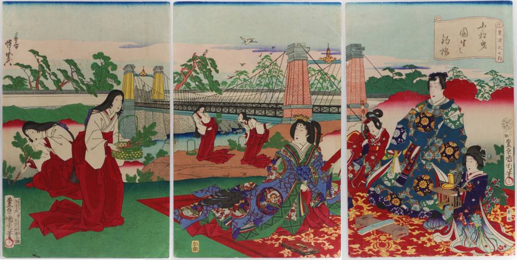 Kunichika - Genji at suspension bridge